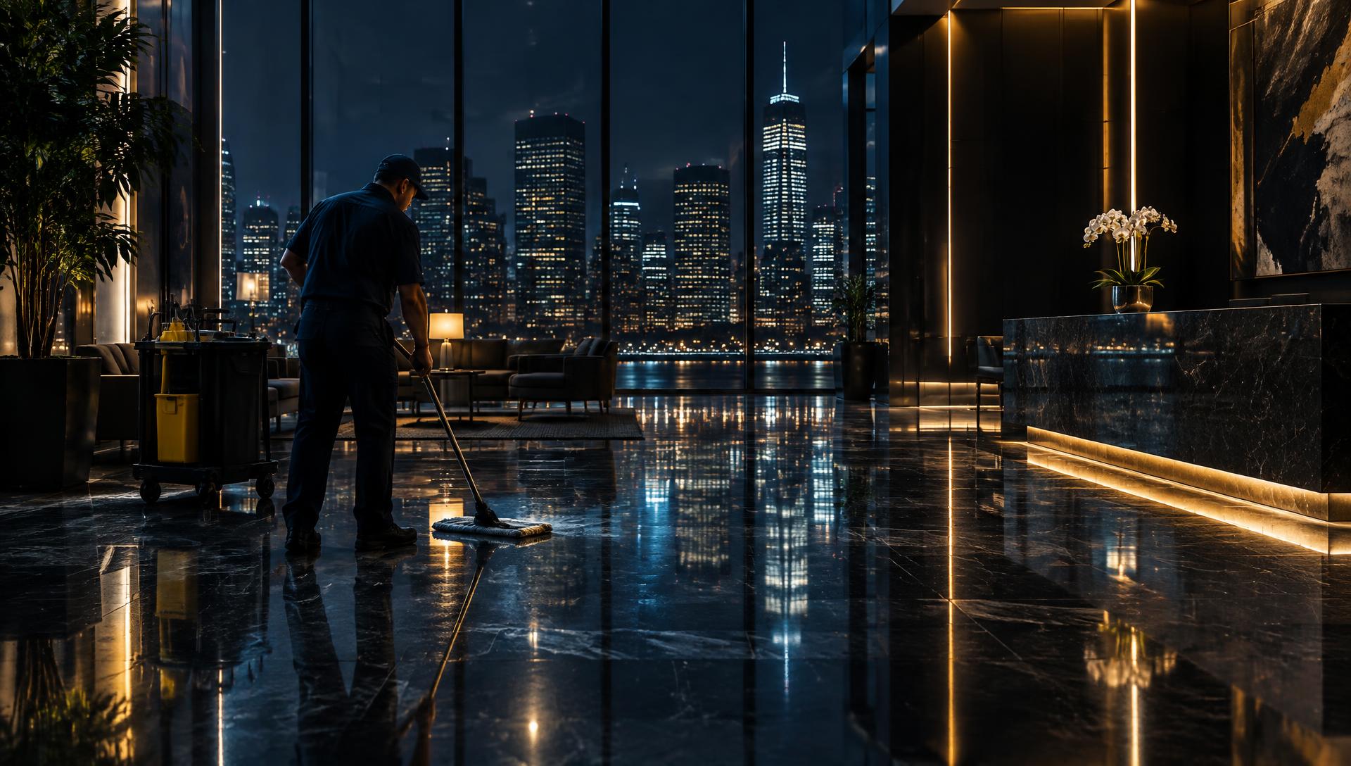 Commercial cleaning crew working after hours in a modern office lobby